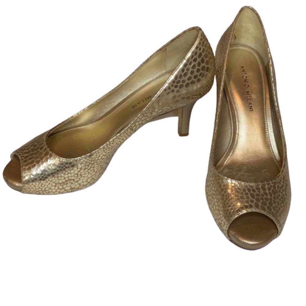 ANTONIO MELANI Gold Animal Print Peep Toe 3in Heel Size 8.5.